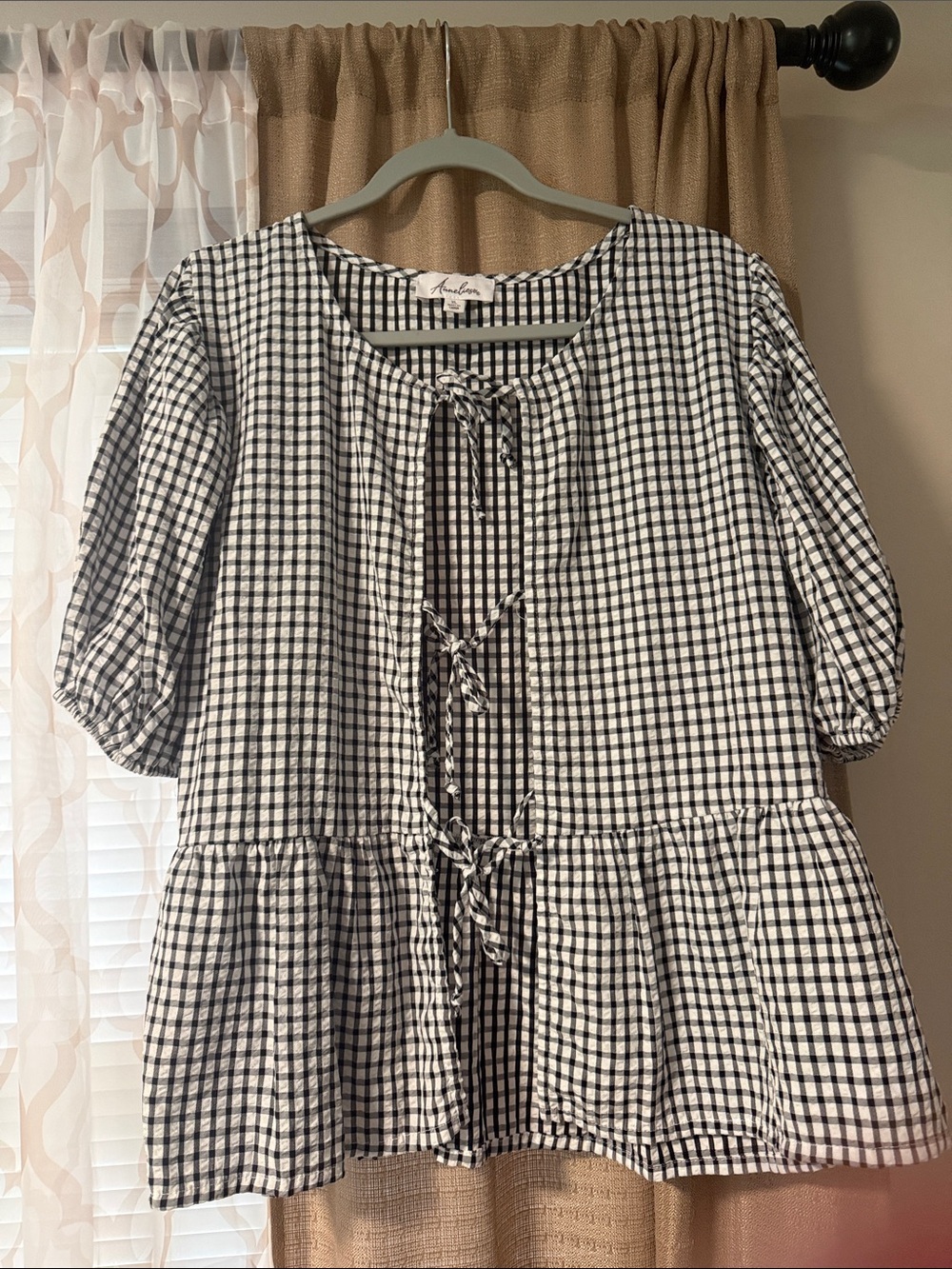 Anthro-Inspired Black & White Gingham Tie-Front Peplum Blouse